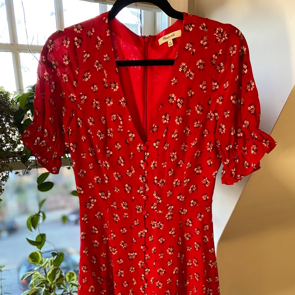 Silk Ruffle-Sleeve Button-Front Dress